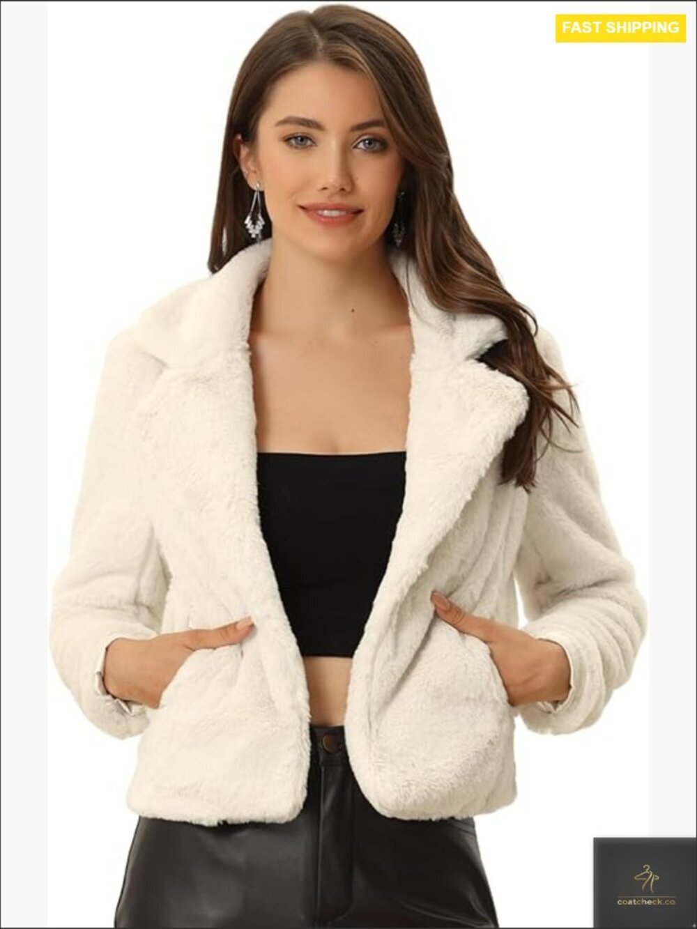 Cropped Faux Fur Jacket Shrug Fluffy Teddy Coat Notched Lapel Chic Winter
